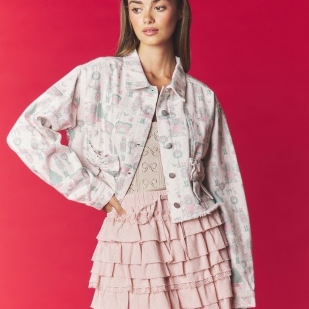 C278.New Rareraw Christmas Nutcracker Bow Print Cropped Denim Jacket Pink S/M